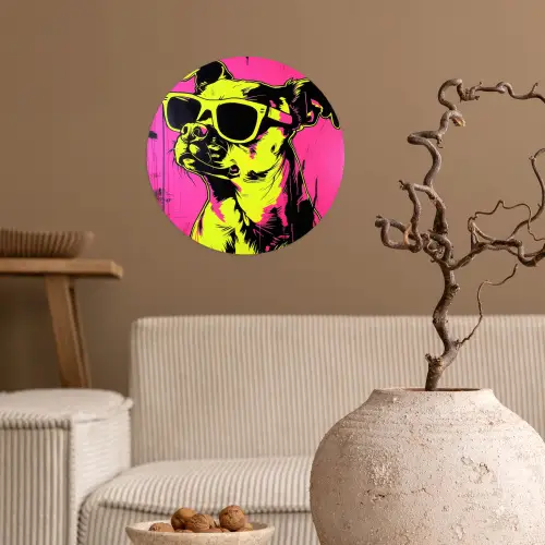 Hond - Zonnebril - Roze - Art Wandcirkel behangsticker klein -sfeer1