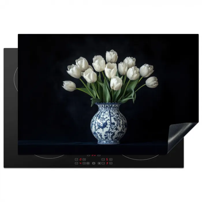 Wit - Bloemen - Tulpen - Vaas Inductie beschermer vinyl 3mm klein -3d