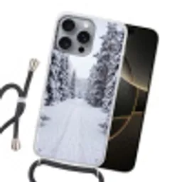 Bos - Winter - Sneeuw - Pad - Natuur Hoesje iPhone 16 Pro Max met koord klein -sfeer1