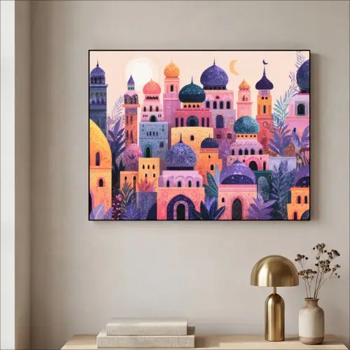 Kleurrijke stad - Zon - Islamitisch Textielframe zwart klein -sfeer2