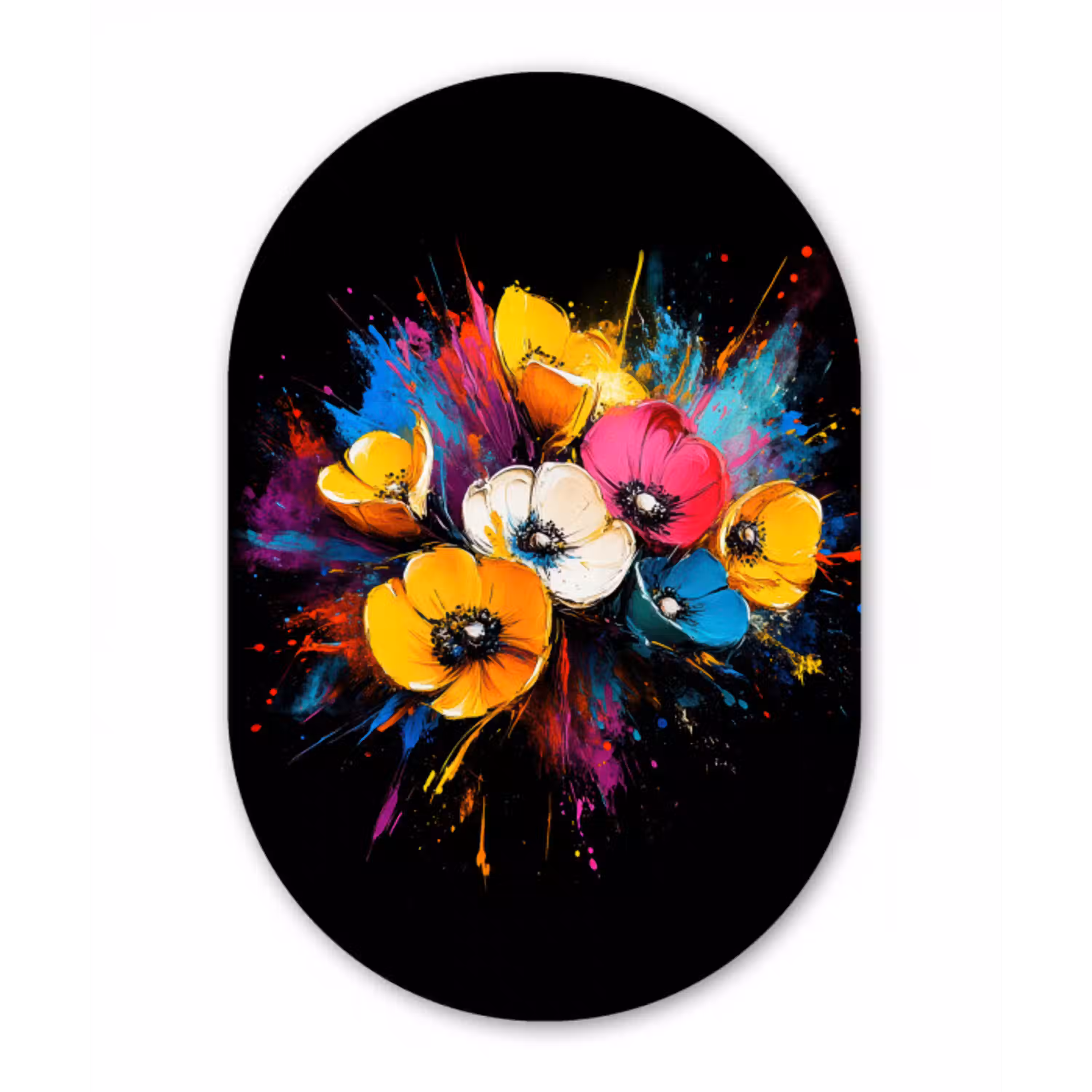 Bloemen - Kleurrijk - Graffiti - Modern - Boeket Wandcirkel Ovaal Glas middel -3d