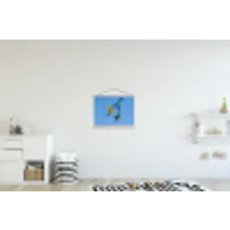 Papagaai - Vliegen - Blauw - Geel textielposter latten blank klein -kinderkamer