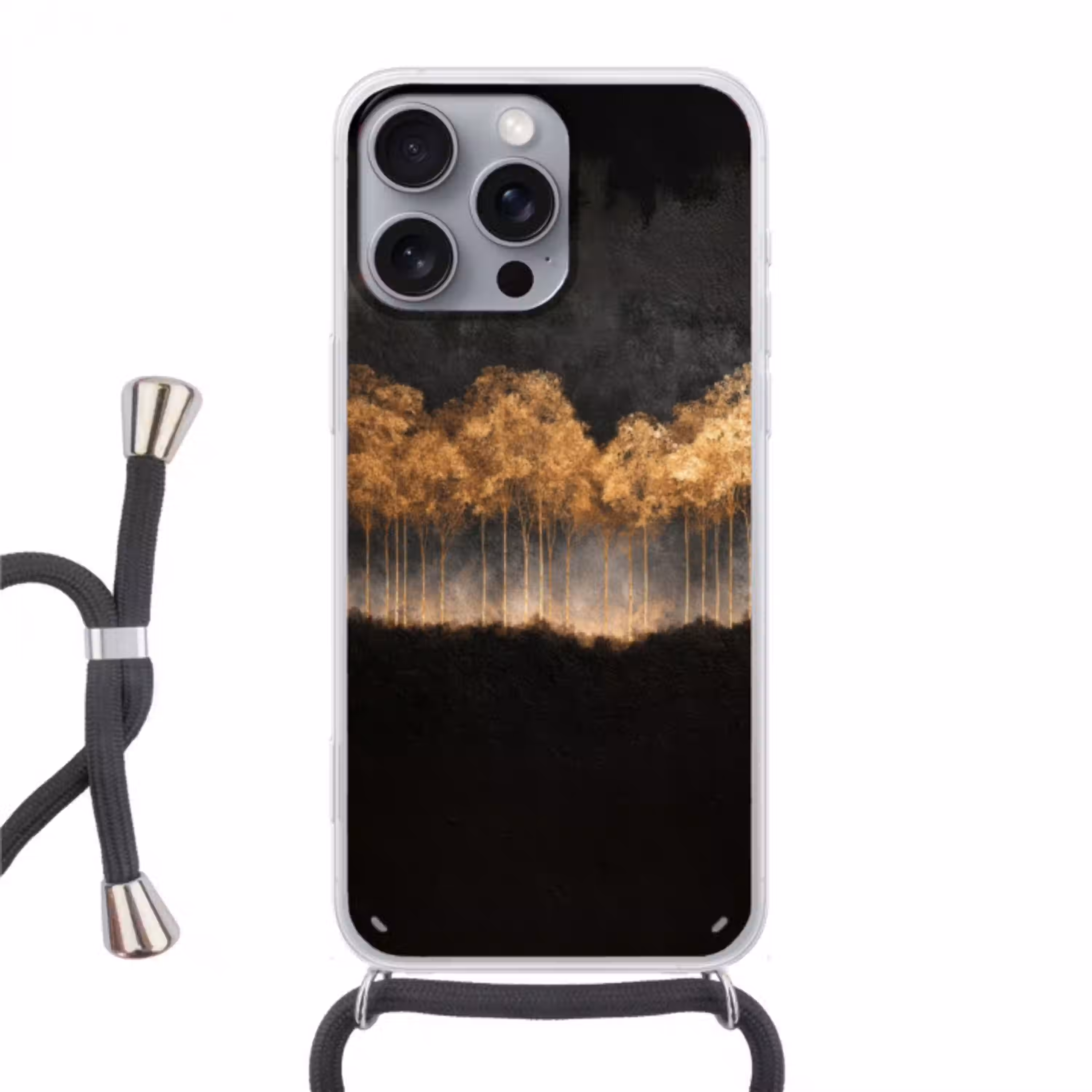 Gouden Bomen in Mistig Landschap Hoesje iPhone 16 Pro Max met koord klein -3d