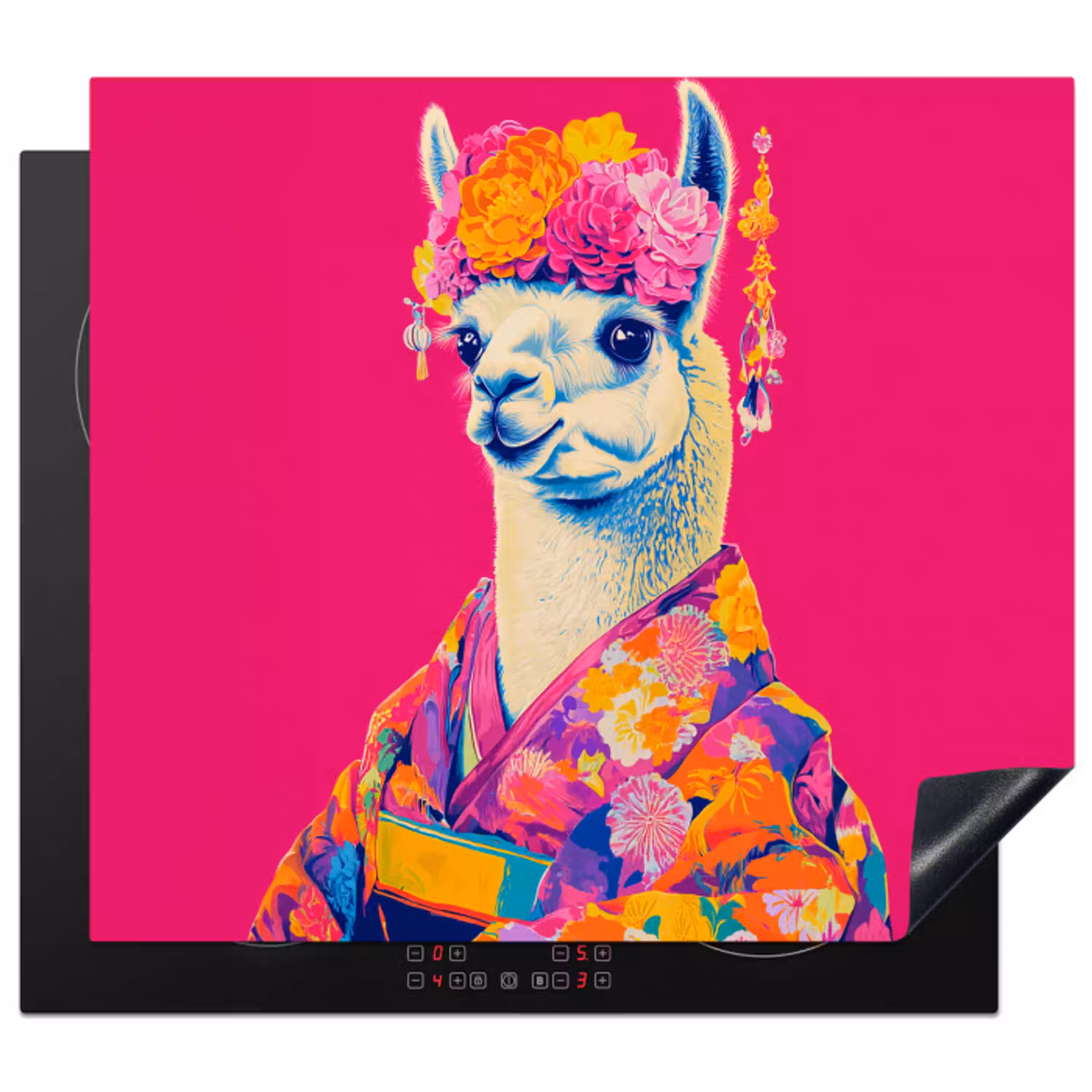 Lama - Kimono - Bloemenkrans - Felroze Inductie beschermer vinyl 3mm middel -3d