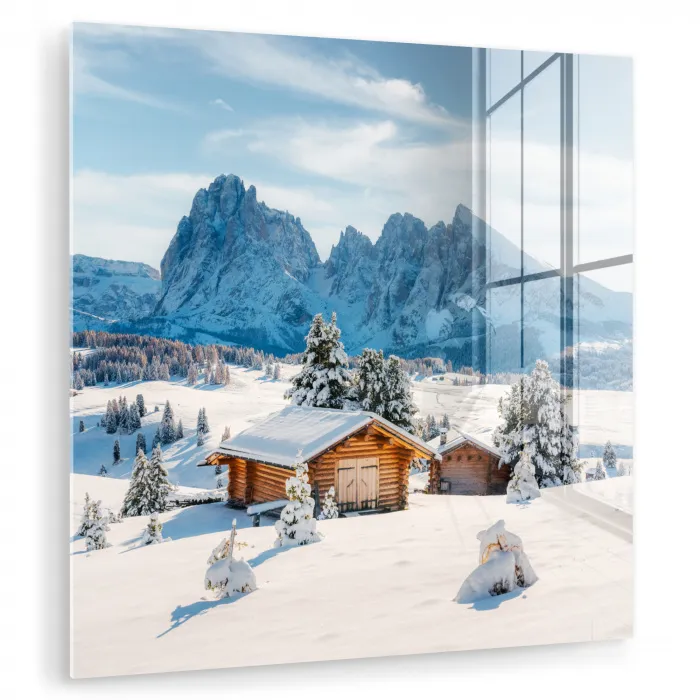 Winter - Huisje - Bergen - Uitzicht - Sneeuw plexiglas 5mm klein -zzzproduct_nieuw
