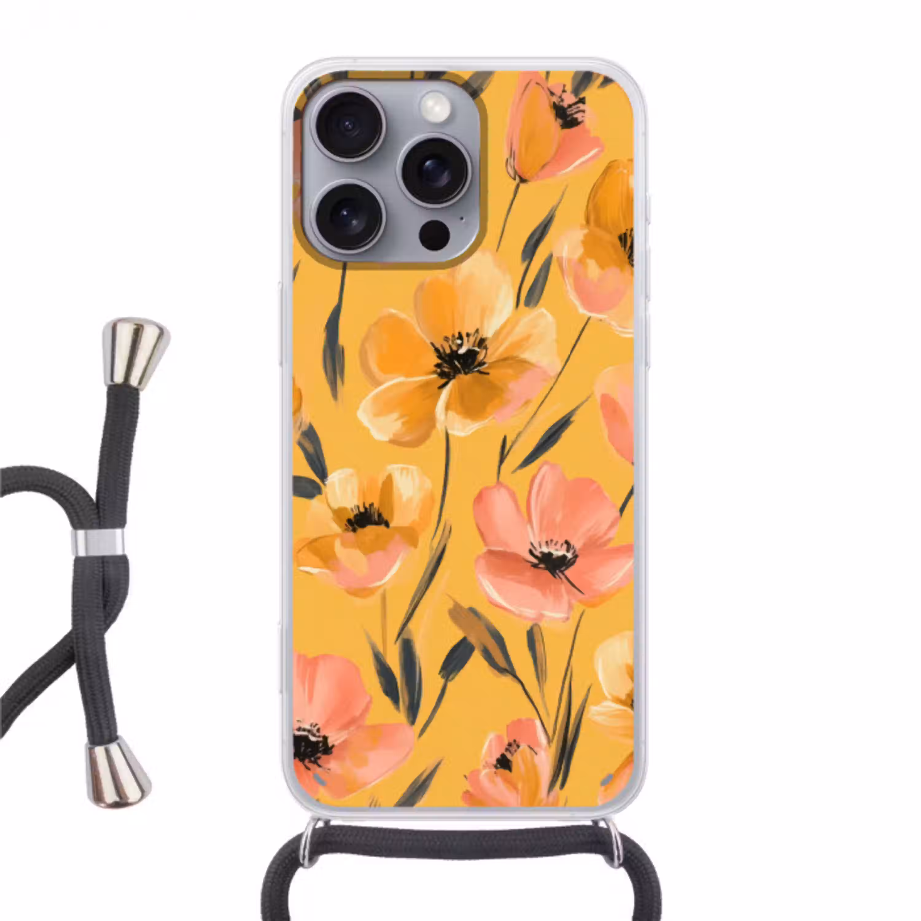 Bloemen - Geschilderd - Geel Hoesje iPhone 16 Pro Max met koord klein -3d