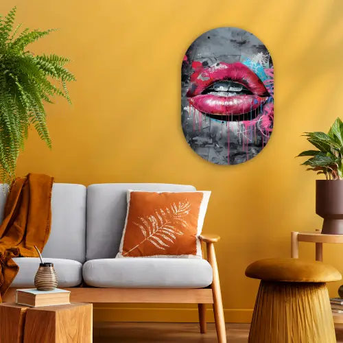 Lippen - Felroze - Graffiti - Verfstrepen Wandcirkel Ovaal Forex klein -sfeer4
