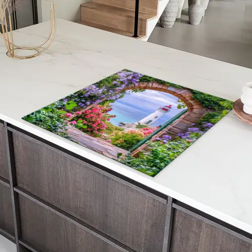 Doorkijk - Vuurtoren - Bloemen - Uitzicht Inductie beschermer vinyl 3mm middel -sfeer8