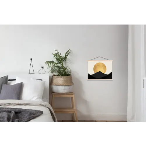 Bergsilhouetten - Gouden cirkel - Beige textielposter latten blank klein -woonkamer