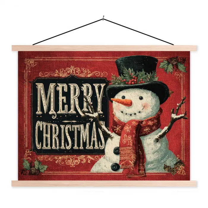 Klassiek - Kerstgroet - Sneeuwpop - Rood textielposter latten blank klein -3d