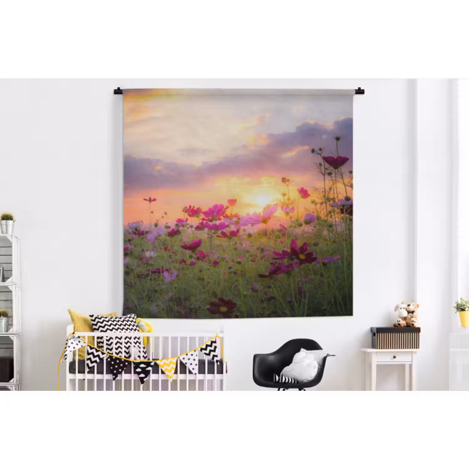 Wandteppich - Blumen - Rosa - Sonnenuntergang - Natur - Wiese - Horizont