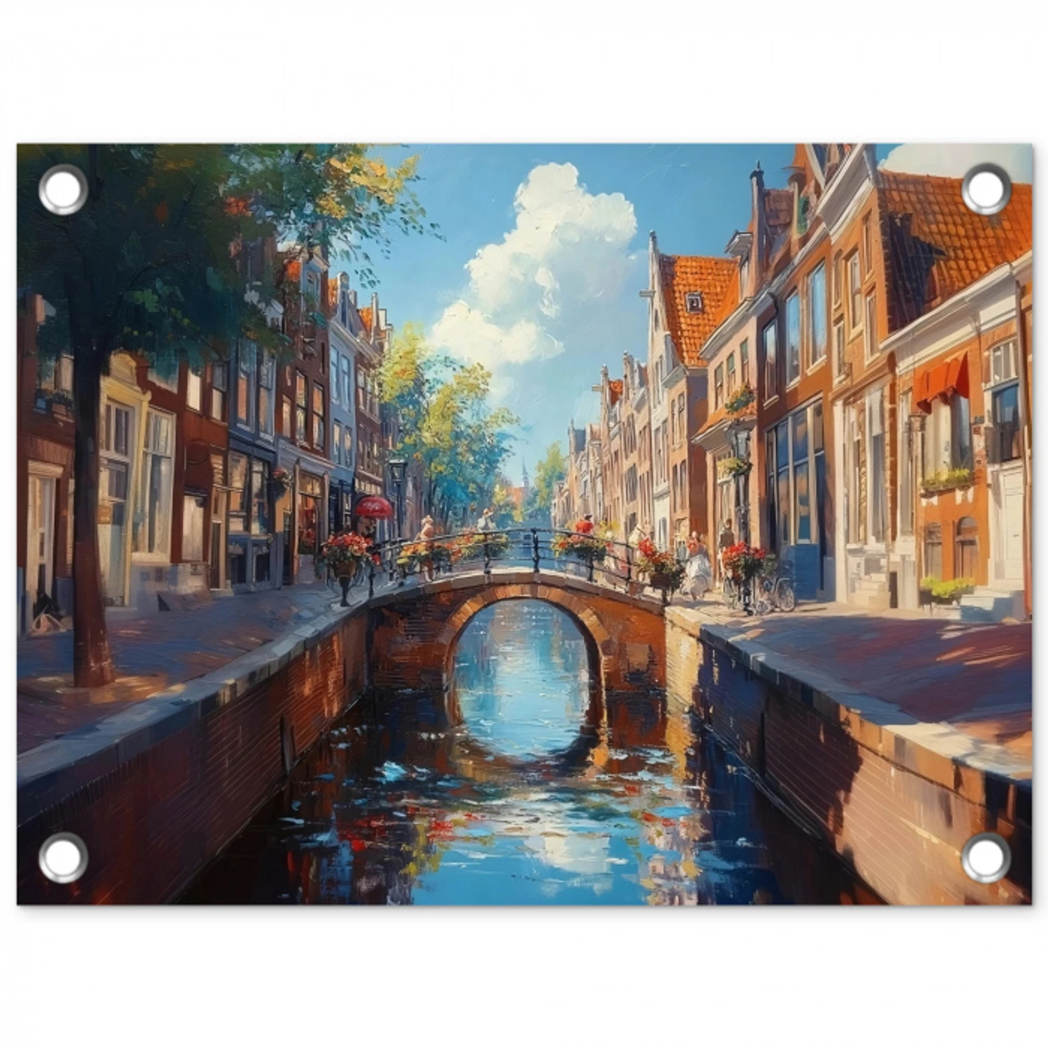 Stad - Gracht - Zon - Fietsen tuinposter los doek klein -3d