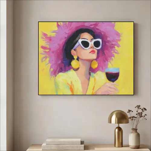 Vrouw - Hoed - Paars - Wijn Textielframe zwart klein -sfeer2