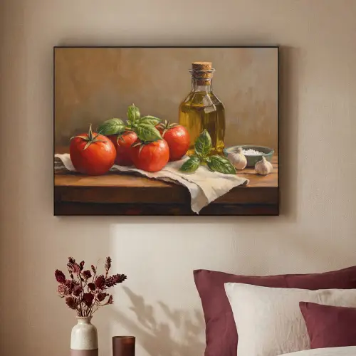 Tomaten - Olijfolie - Stilleven Textielframe - compleet frame klein -sfeer1