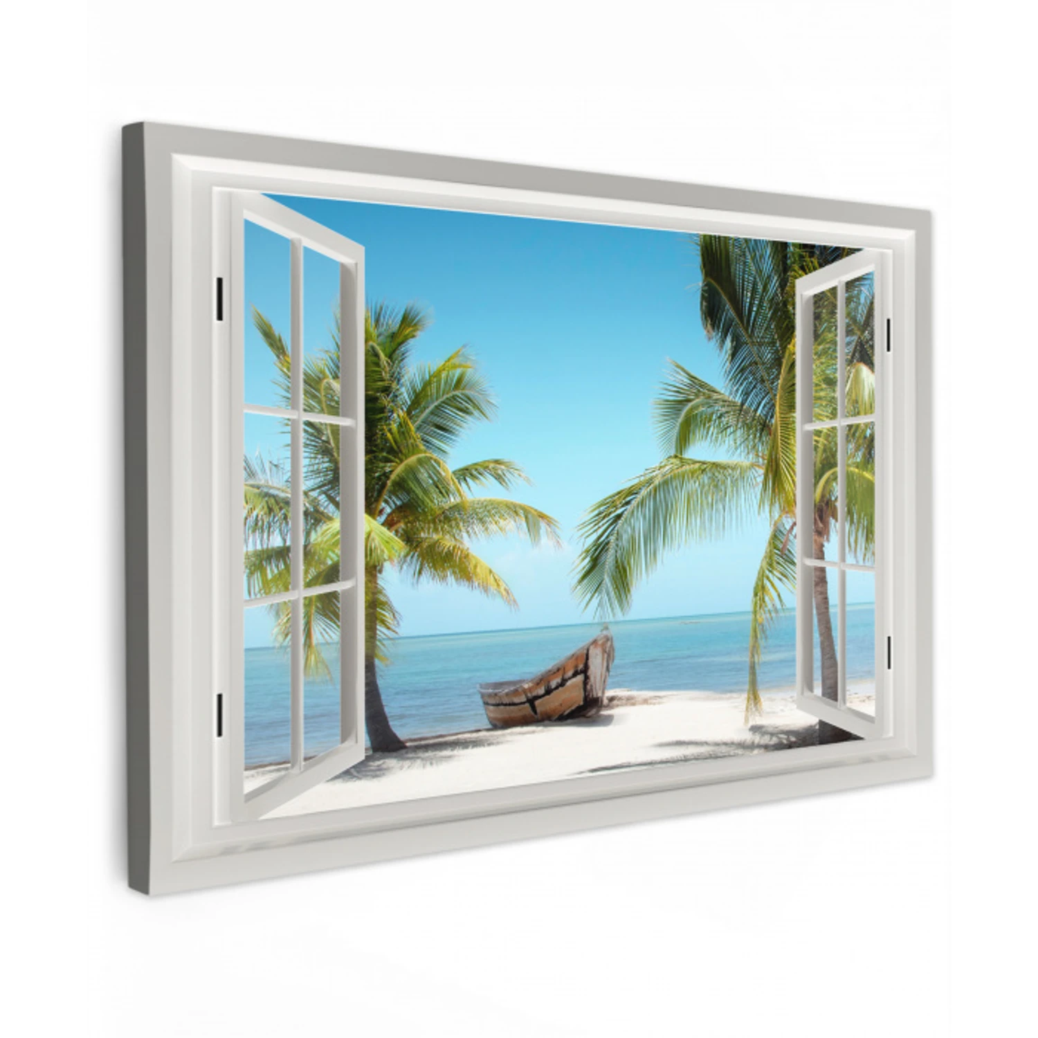 Doorkijk - Strand - Palmboom - Boot - Tropisch - Zee - Blauw canvas 2cm klein -z3d