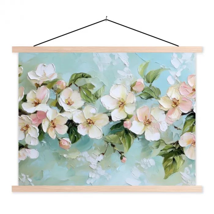 Bloesem - Bladeren - Lichtblauw textielposter latten blank klein -3d