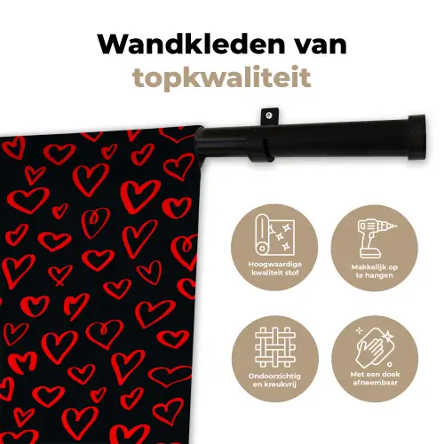 Zwart - Harten - Rood Wandkleed katoen klein 269 -sfeer2
