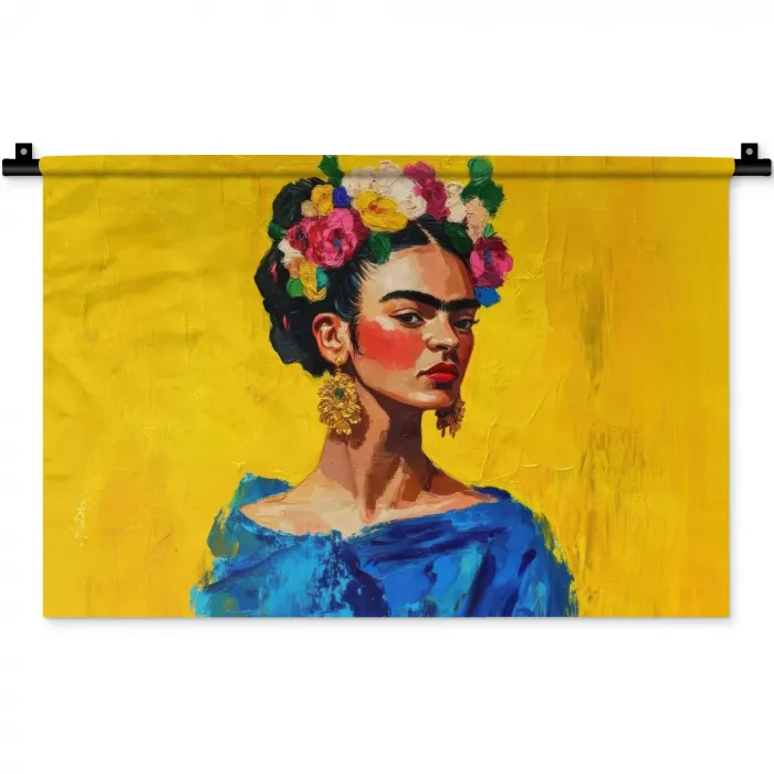 Frida Kahlo - Vrouw - Geel - Blauw - Bloemen Wandkleed katoen klein -zz3d