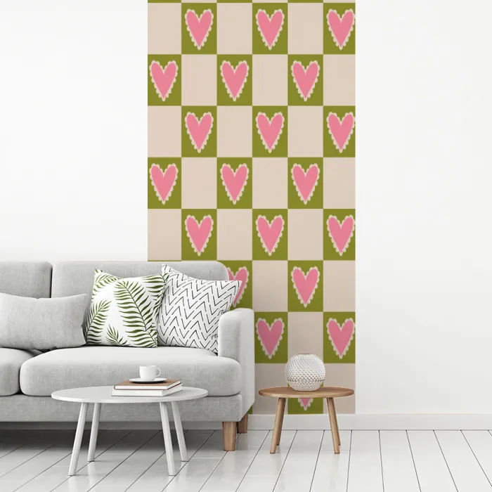 Olijfgroen - Hartjes - Patroon - Retro fotobehang vinyl groot 64 -woonkamer
