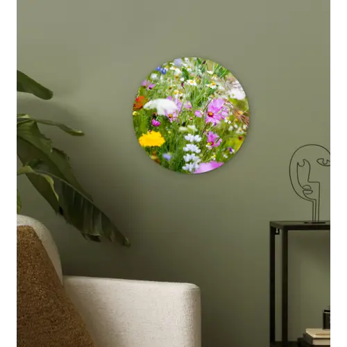 Bloemen - Natuur - Groen - Gras - Paars - Wit Wandcirkel kunststof plaat 5mm dik klein -sfeer3