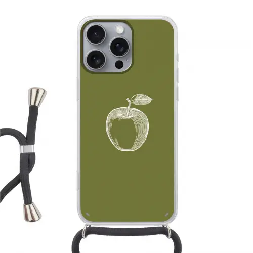 Lijntekening - Appel - Olijfgroen - Blaadje Hoesje iPhone 16 Pro Max met koord klein -3d