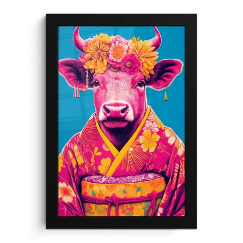 Koe - Bloemenkrans - Oorhangers - Kimono fotolijst zwart zonder passe partout klein -3d