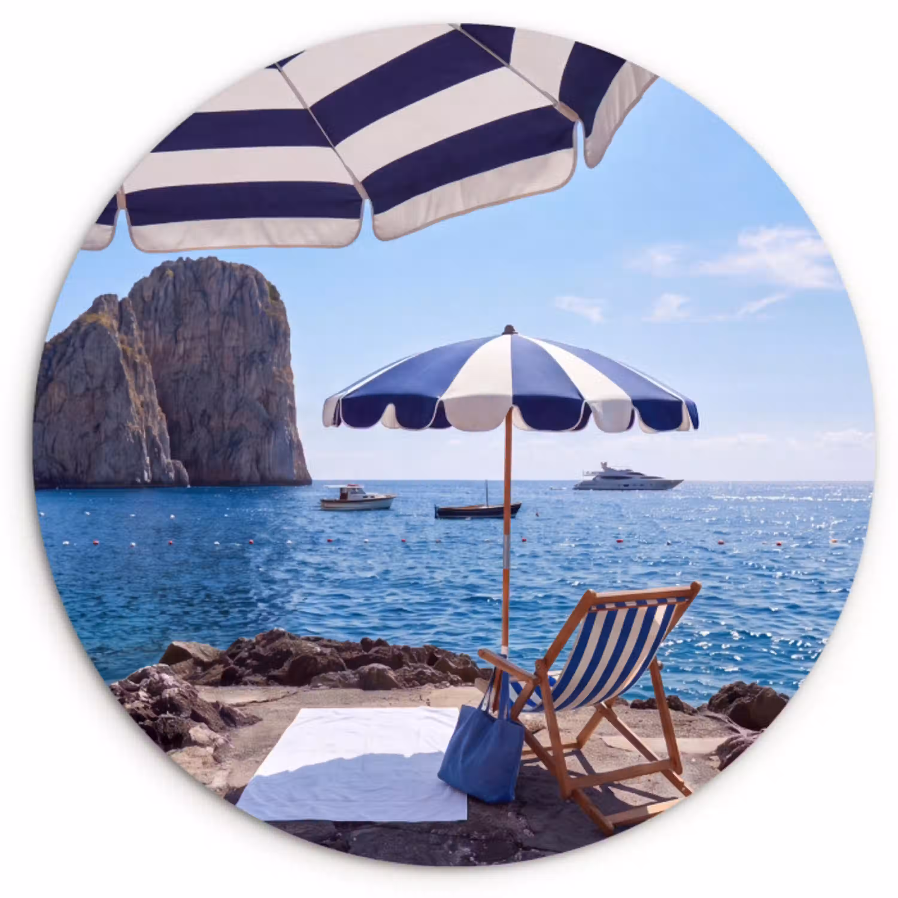 Strand - Ligstoel - Parasol - Zomer - Blauw Wandcirkel kunststof plaat 5mm dik klein -3d