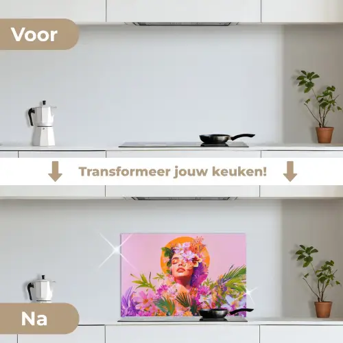 Vrouw - Abstract - Cirkel - Bloemen keuken achterwand spatscherm klein -voor_na_NL