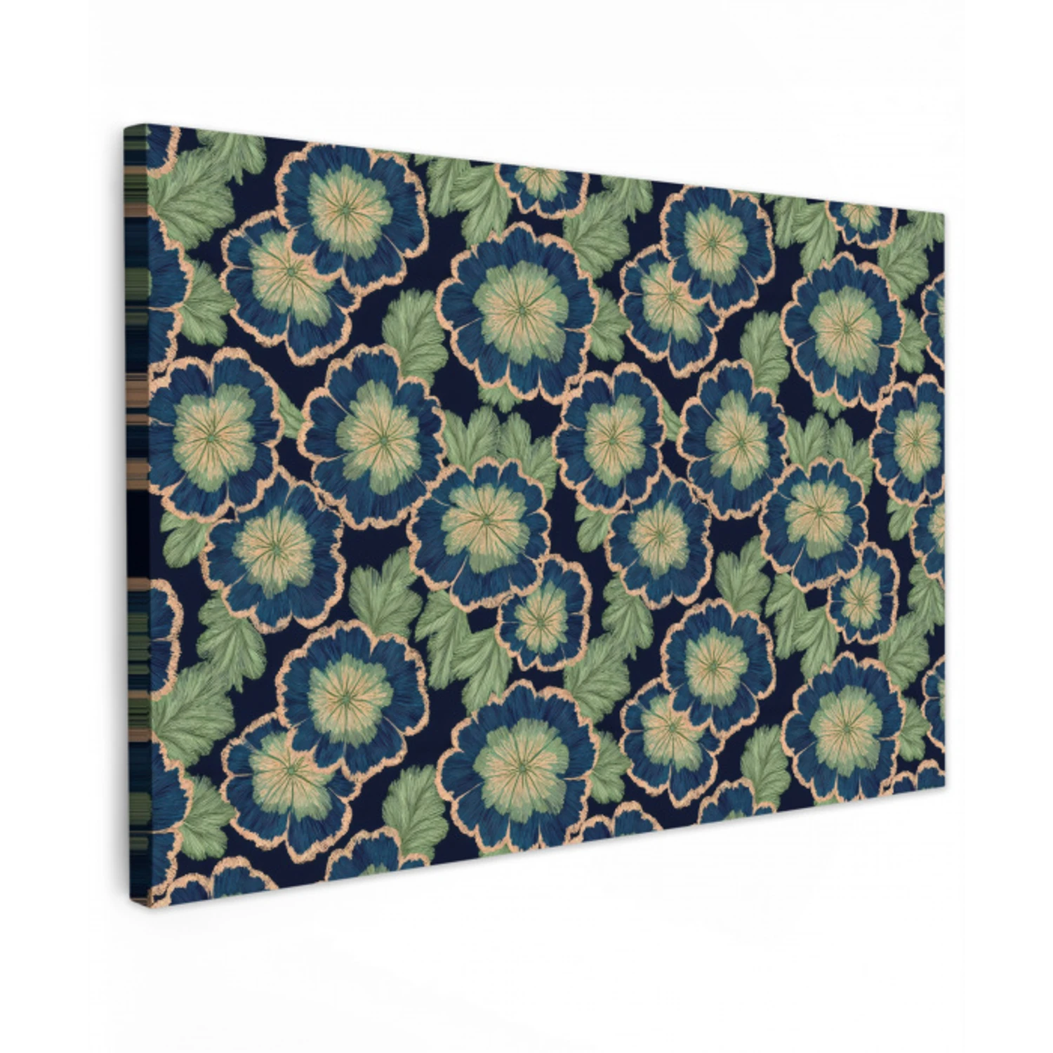 Bloemen - Borduurwerk - Patroon - Blauw - Groen Tuinposter op houten frame 2 cm dik klein 845 -3d