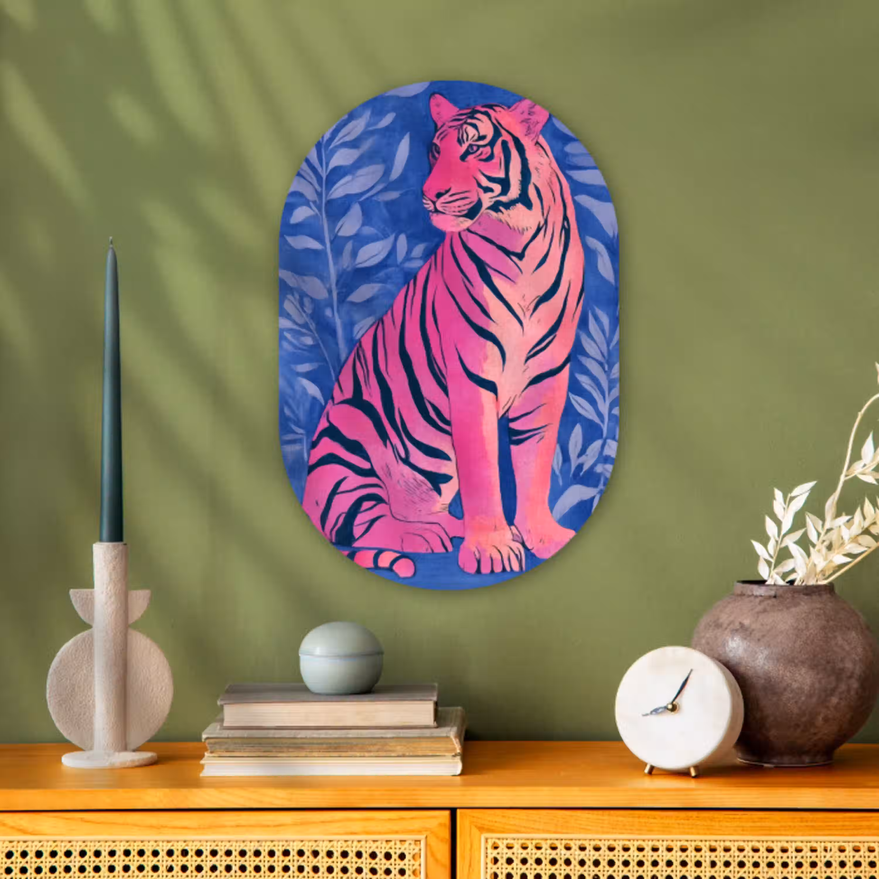 Tijger - Roze - Bladeren - Jungle Wandcirkel Ovaal Forex klein -sfeer2