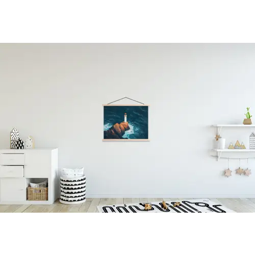 Vuurtoren - Rots - Zee - Golven textielposter latten blank klein -kinderkamer