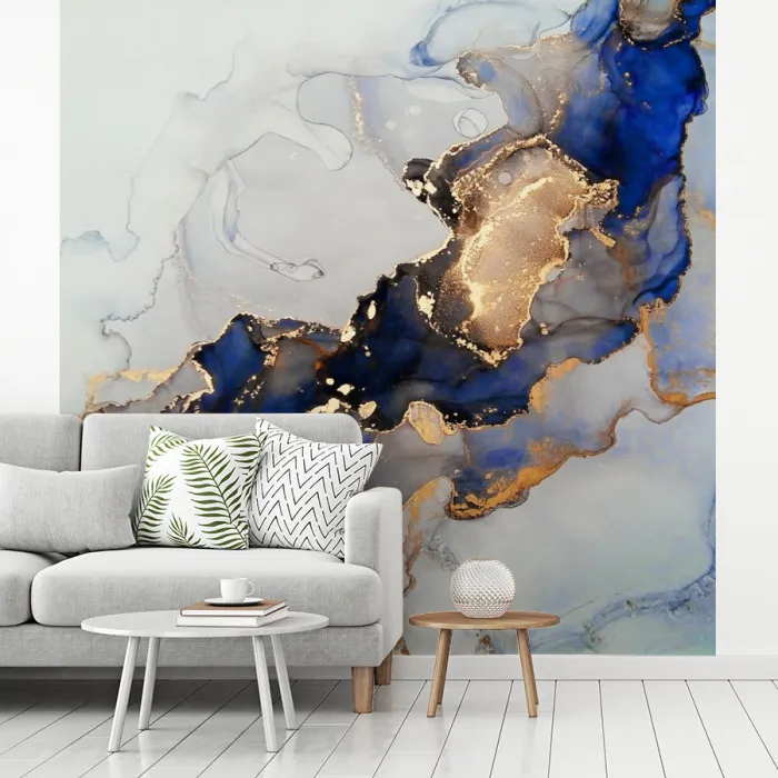 Marmer - Blauw - Goud fotobehang vinyl groot -woonkamer
