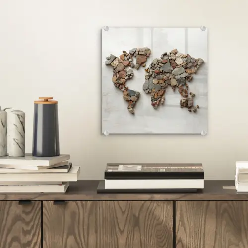 Wereldkaart - Stenen - Wit plexiglas 5mm klein -sfeer1