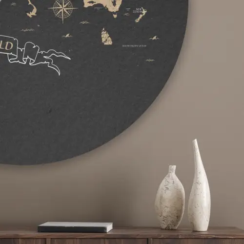 Wereldkaart - Beige - Zwart Akoestische PET Vilt - Rond klein -sfeer5_closeup