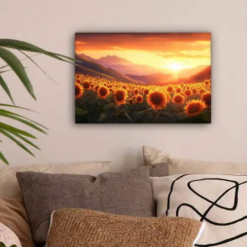 Zonnebloemen - Zonsondergang - Landschap canvas 2cm klein -sfeer1