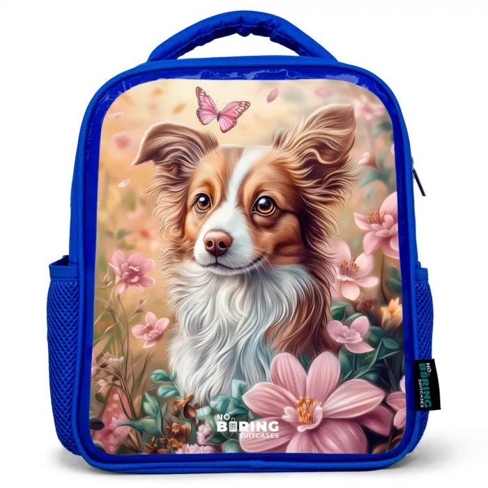 Hond in bloemenveld met vlinders Kinderrugzak - Blauw middel -3d