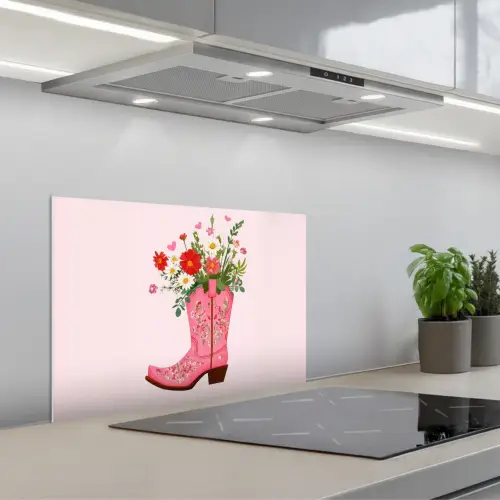 Cowboylaarzen - Roze - Boeket - Bloemen keuken achterwand spatscherm klein -3d_schuin