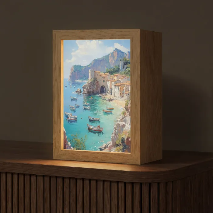 Kustdorp - Schilderij - Rotsen - Boten Light Box met kabel (Tafellamp) klein -z3d_website
