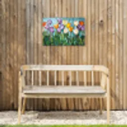 Mozaïek - Veld - Tulpen - Kleurrijk Tuinposter op houten frame 2 cm dik klein -sfeer4