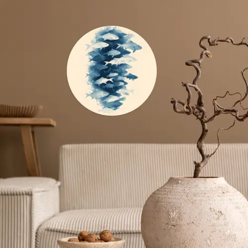 Vissen - Minimalistisch - Blauw Wandcirkel behangsticker klein -sfeer1