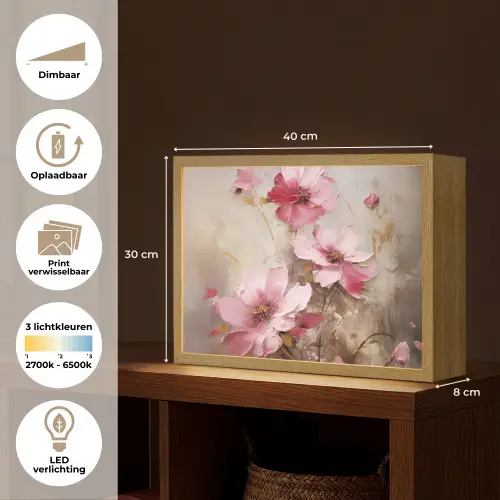 Bloemen - Roze - Kunst - Watercolor Light Box met batterij (Wandlamp) middel -USP_websiteoverzichtNL
