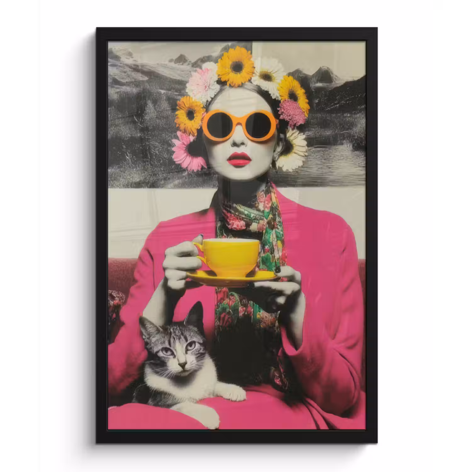 Poster met lijst - Vrouw - Kat - Bloemen - Kopje - Retro