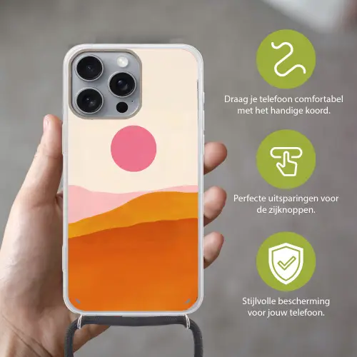 Zon - Heuvels - Abstract - Roze Hoesje iPhone 16 Pro Max met koord klein -sfeer2_NL