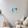 Doorkijk - Strand - Palmboom - Boot - Tropisch - Zee - Blauw Tuinposter op houten frame 2 cm dik klein -sfeer1