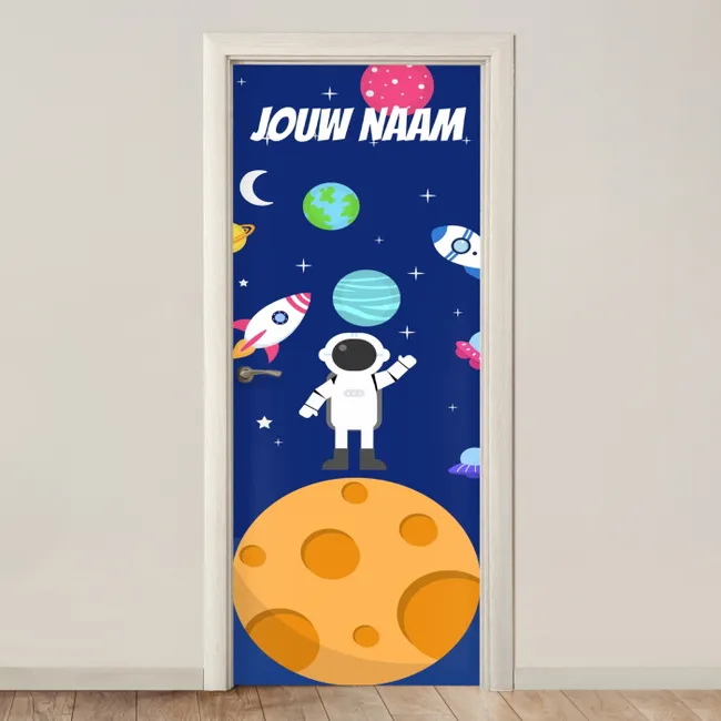 Deursticker met naam - Cartoon - Astronaut - Blauw