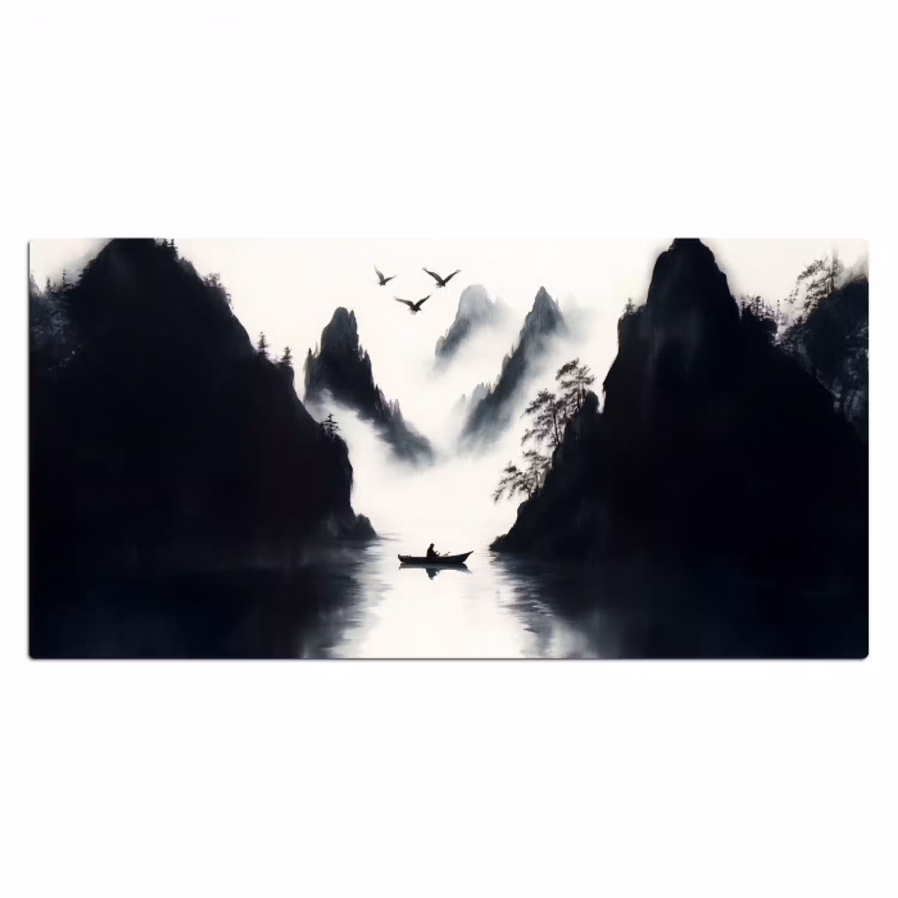 Roeiboot - Mistig - Bergen - Vogels Muismat XXL klein -3d_leeg