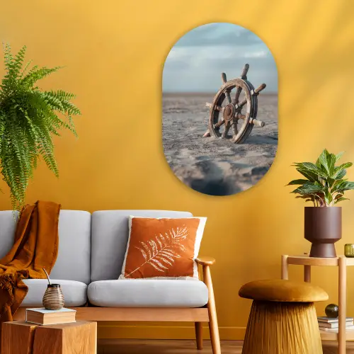 Scheepsstuur - Hout - Bruin - Zand Wandcirkel Ovaal Glas middel -sfeer4