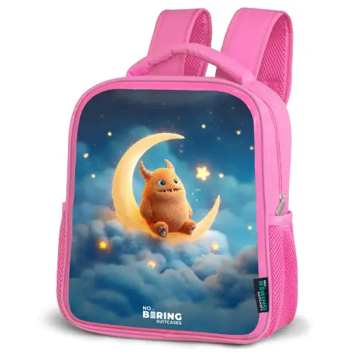 Oranje monster op maansikkel Kinderrugzak - Roze middel -schuin