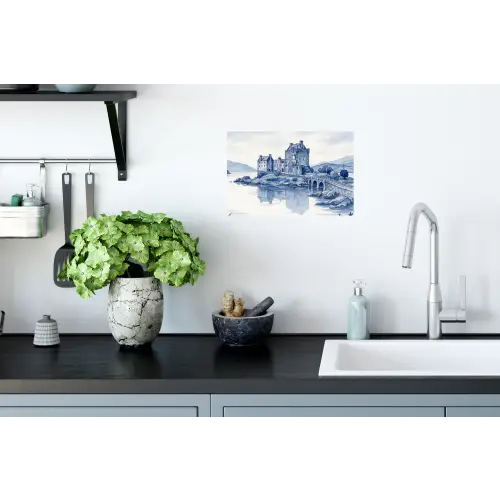 Schots - Kasteel - Blauw - Aquarel Muursticker klein -keuken