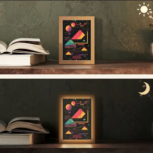 Piramides - Cirkels - Neonkleuren - Geometrisch Light Box met kabel (Tafellamp) klein -sfeer3